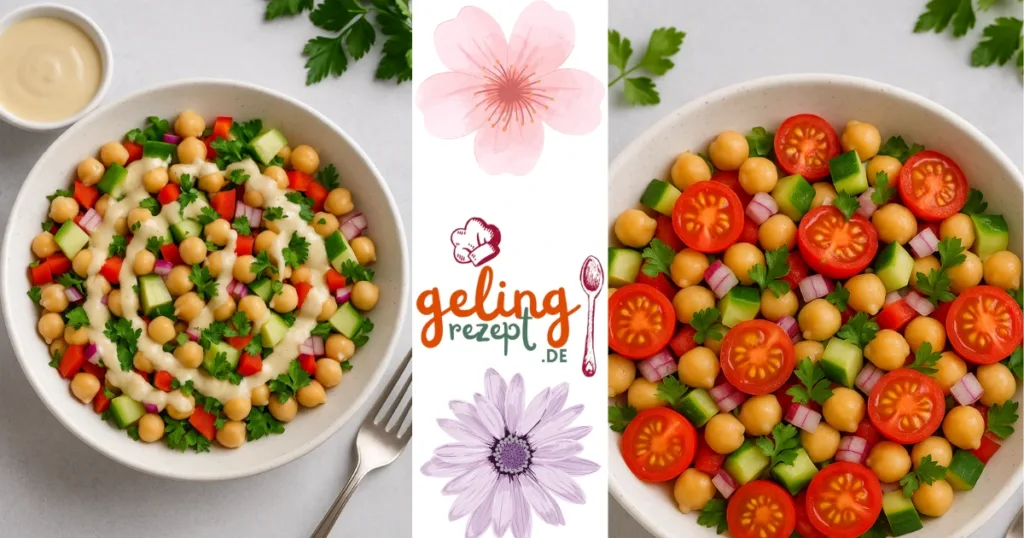 4 schnelle & einfache vegane Mittagessen – Gesunde Rezepte in unter 30 Minuten! 3 Bunter veganer Kichererbsensalat mit Paprika, Gurke, Zwiebel und cremigem Tahini-Dressing – schnelles Mittagessen