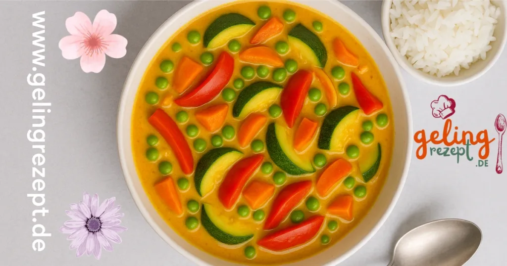 4 schnelle & einfache vegane Mittagessen – Gesunde Rezepte in unter 30 Minuten! 5 Cremiges veganes Gemüse-Curry mit Zucchini, Erbsen und Paprika in Kokossoße – serviert mit Basmatireis